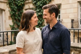 Couple marié partageant un moment intime sur une terrasse parisienne en pierre, sourires naturels et tenue décontractée