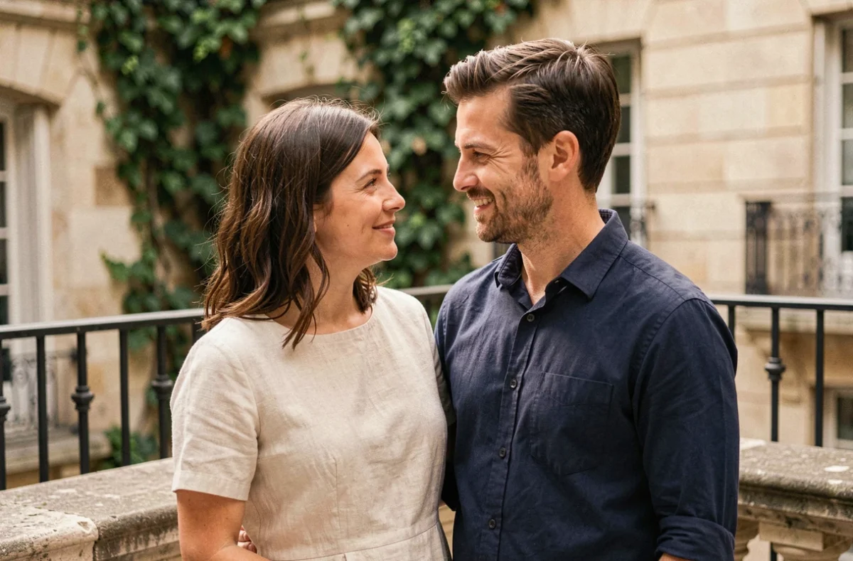 Couple marié partageant un moment intime sur une terrasse parisienne en pierre, sourires naturels et tenue décontractée