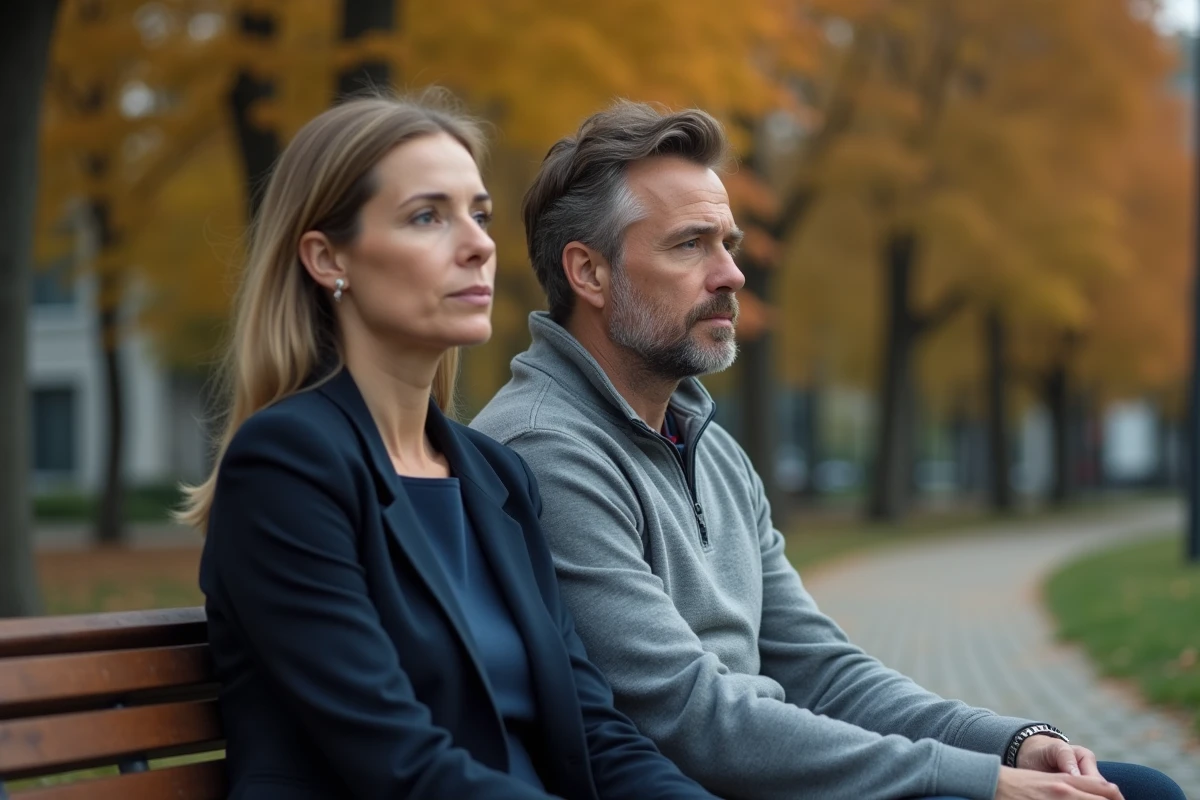 Couple assis sur un banc en bois dans un parc urbain en automne, regard pensif symbolisant la distance émotionnelle dans une relation de couple