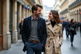 Couple parisien élégant marchant dans Paris avec bâtiments haussmanniens