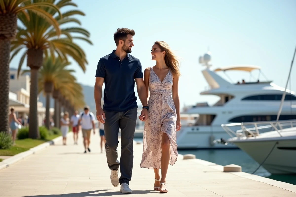Couple élégant se promenant sur une promenade en bord de mer méditerranéen, illustrant la vie romantique d'un pilote de Formule 1 célèbre