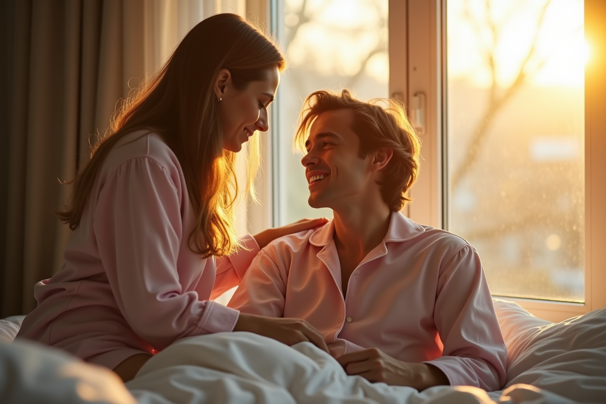 Couple en pyjamas partageant un moment calme près d