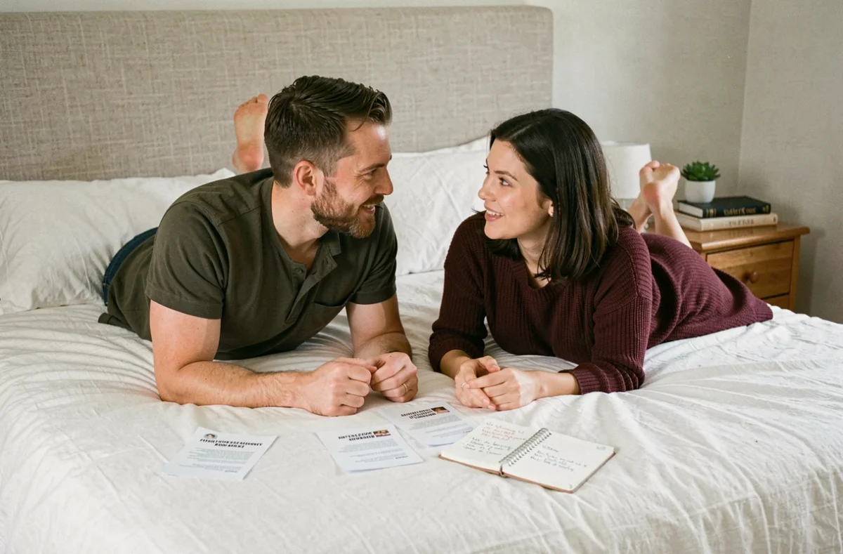 Couple allongé sur un lit discutant de questions intimes avec des fiches et un carnet