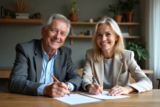 Couple d'adultes signant un document à la maison