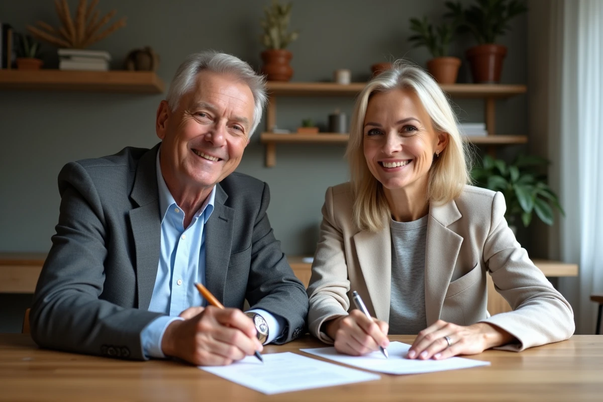 Couple d'adultes signant un document à la maison