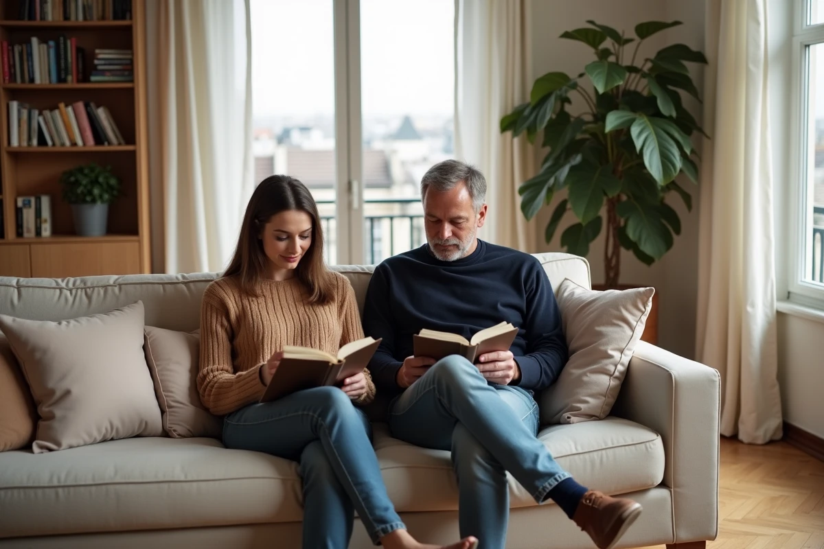 Couple dans leur intérieur parisien partageant un moment de vie privée et complice
