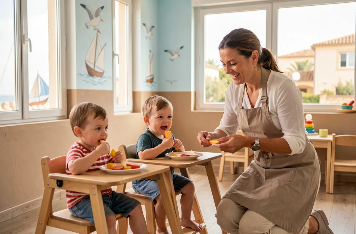 Heure du goûter à la crèche associative Les P'tits Bouts de Sète avec enfants et éducatrice
