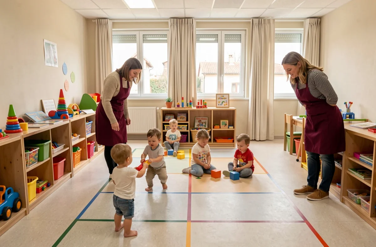 Salle de jeux spacieuse de la crèche collective Les Pitchounets à Béziers avec enfants et puéricultrices