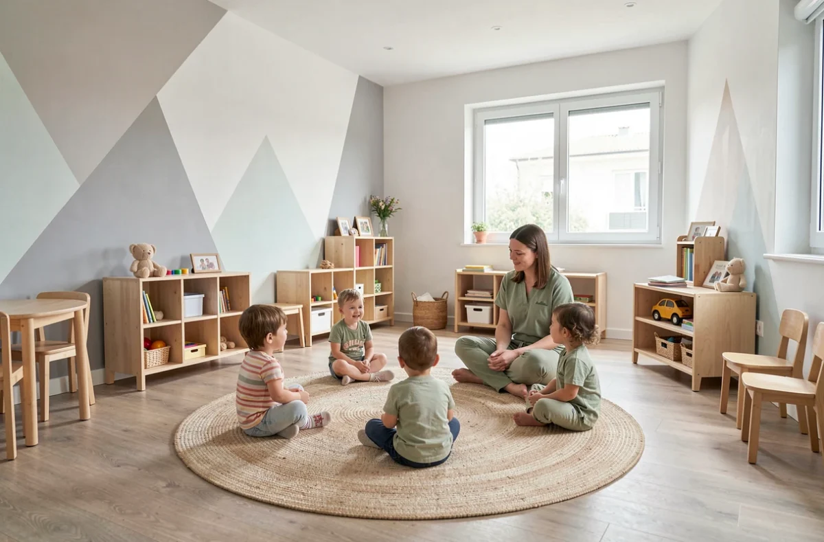 Moment de cercle à la crèche La Bambinerie de Montpellier avec éducatrices et enfants sur un grand tapis rond