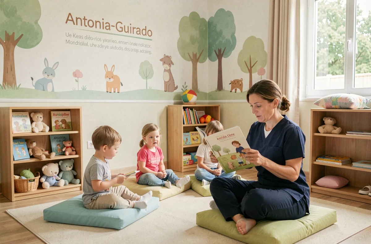 Moment lecture à la crèche municipale Antonia-Guirado de Montpellier avec éducatrice et enfants sur coussins