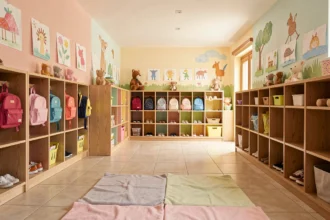 Entrée colorée d'une crèche dans l'Hérault avec cubbies, œuvres d'enfants et tapis de jeu
