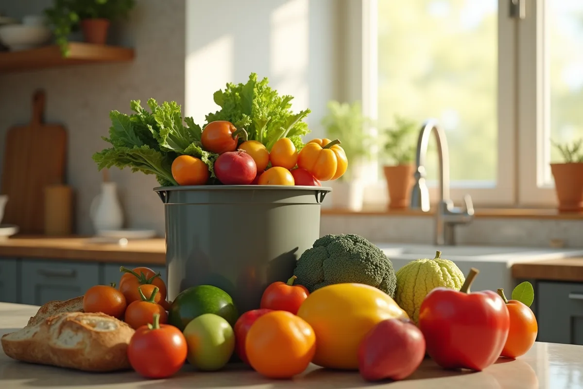 Plan de cuisine avec fruits et légumes frais et poubelle de déchets alimentaires