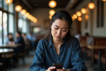 Femme consultant son smartphone dans un café, illustrant la curiosité pour la vie privée des personnalités publiques à l'ère numérique