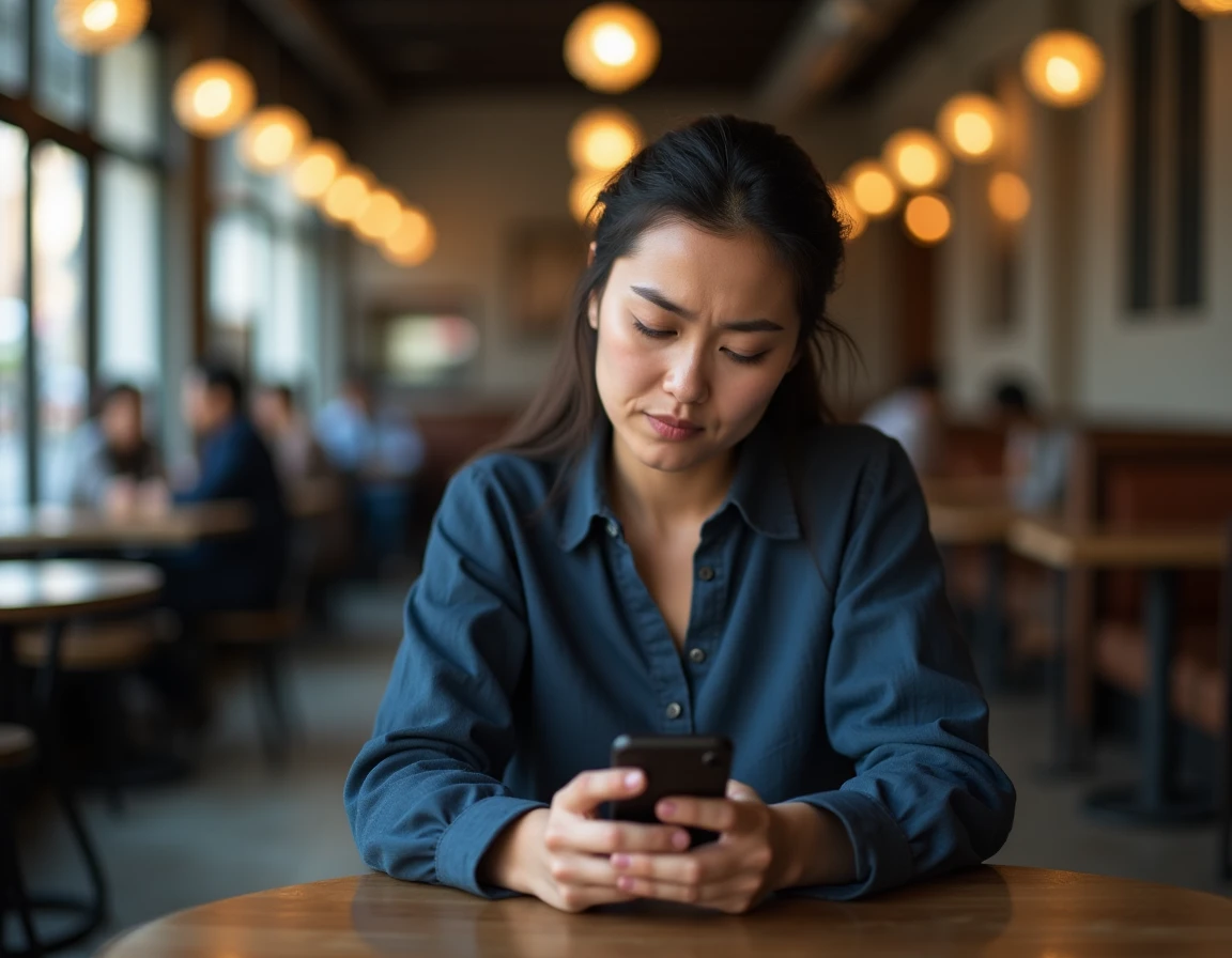 Femme consultant son smartphone dans un café, illustrant la curiosité pour la vie privée des personnalités publiques à l'ère numérique