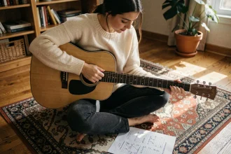 Jeune femme débutante apprenant les accords de guitare acoustique avec une fiche d'accords manuscrite sur le sol