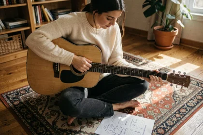 Jeune femme débutante apprenant les accords de guitare acoustique avec une fiche d'accords manuscrite sur le sol