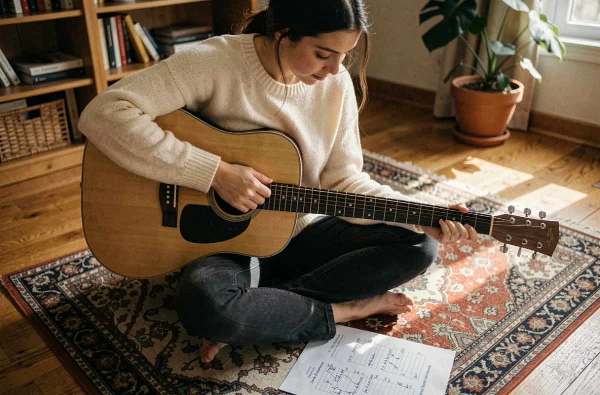 Jeune femme débutante apprenant les accords de guitare acoustique avec une fiche d'accords manuscrite sur le sol