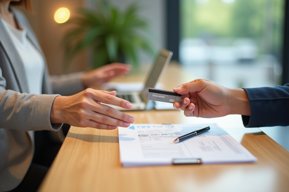 Main échangeant une carte bancaire et des papiers dans un bureau moderne