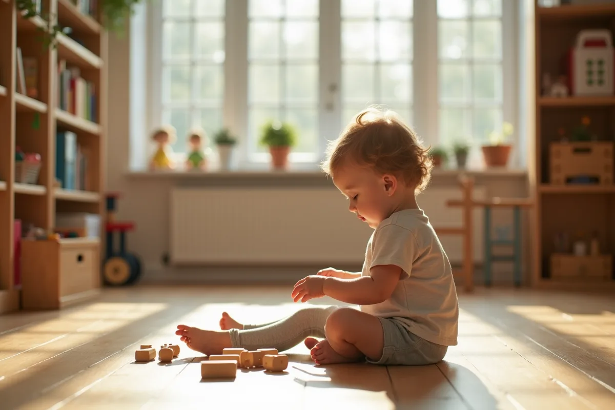 Jeune enfant explore des matériaux Montessori dans une maison lumineuse