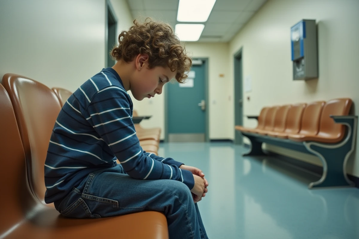 Enfant attendant dans le couloir d'un tribunal de famille lors d'une procédure de visite médiatisée refusée