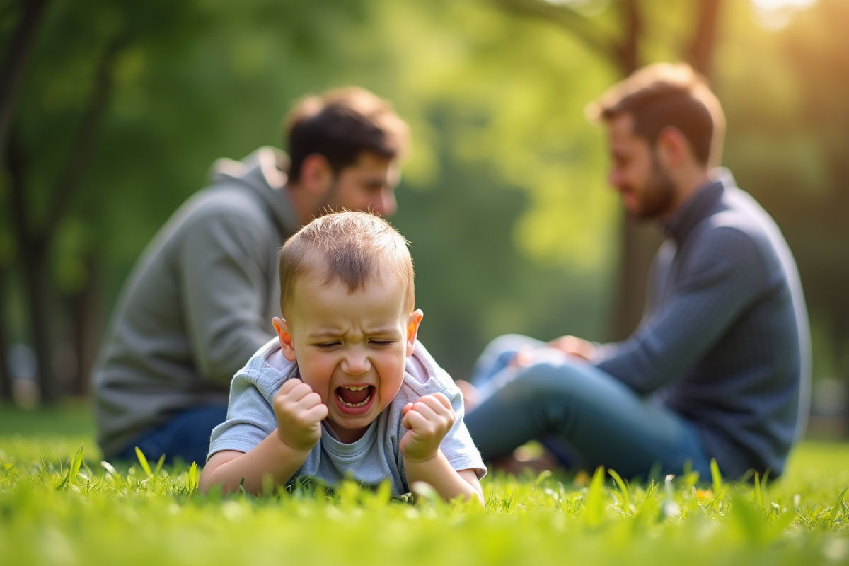 Un jeune enfant en crise dans un parc ensoleille avec son père