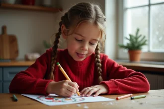 Petite fille coloriant une carte de Noël imprimée à la maison avec des crayons de couleur