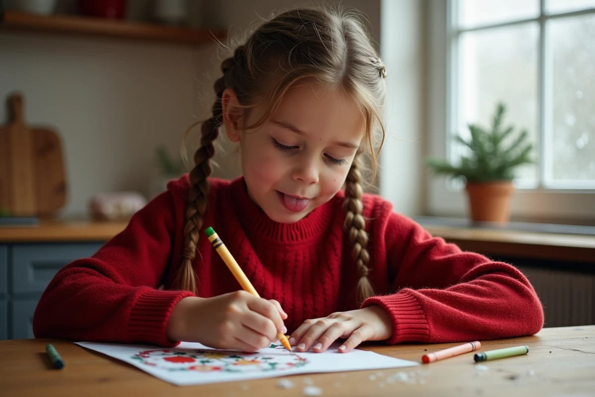Petite fille coloriant une carte de Noël imprimée à la maison avec des crayons de couleur