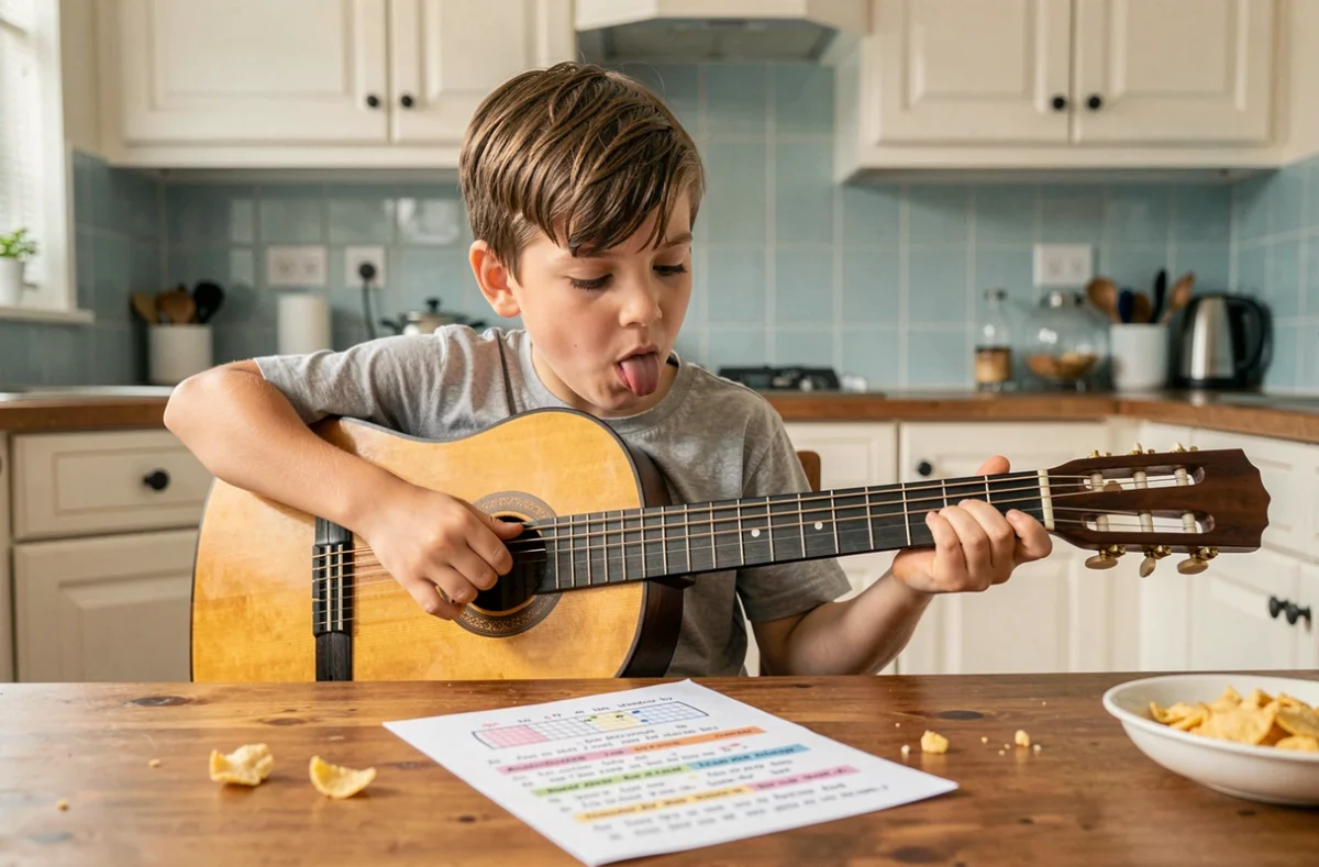 Enfant débutant jouant une chanson d'escargot à la guitare classique avec une fiche d'accords colorée sur la table