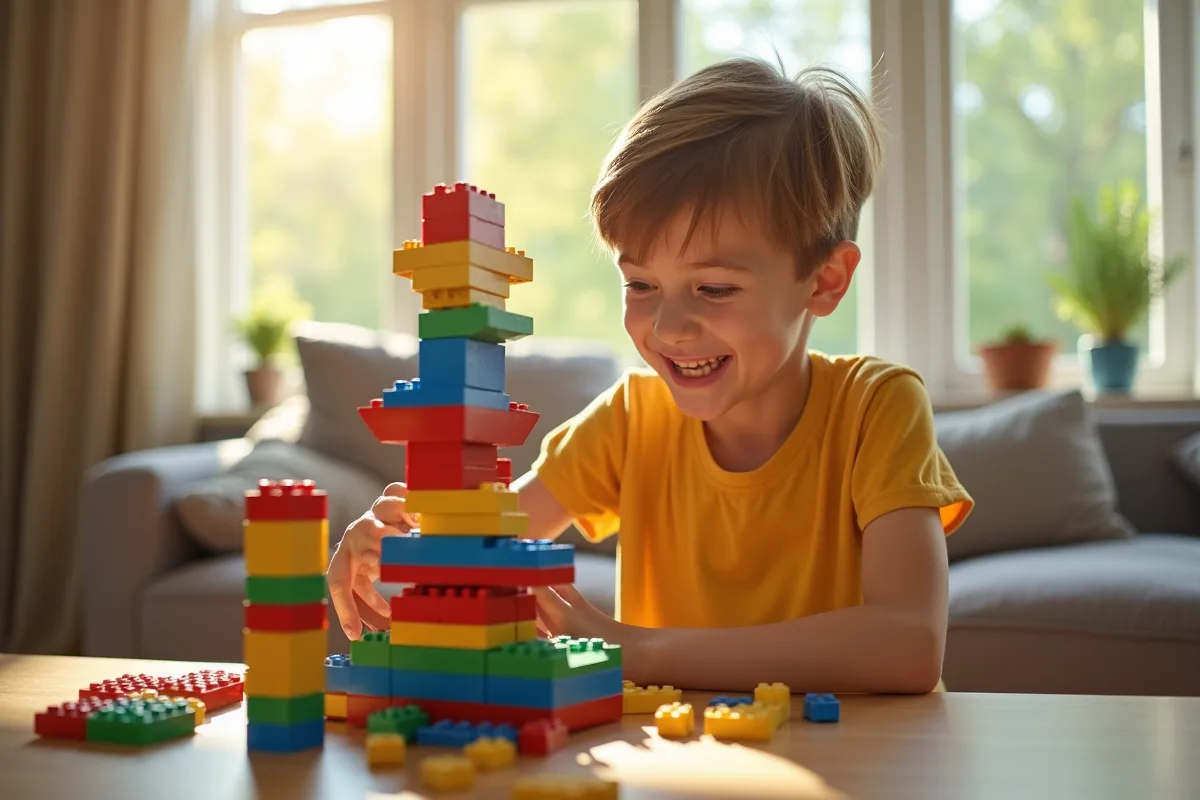 Enfant de 10 ans construisant une tour LEGO colorée dans le salon