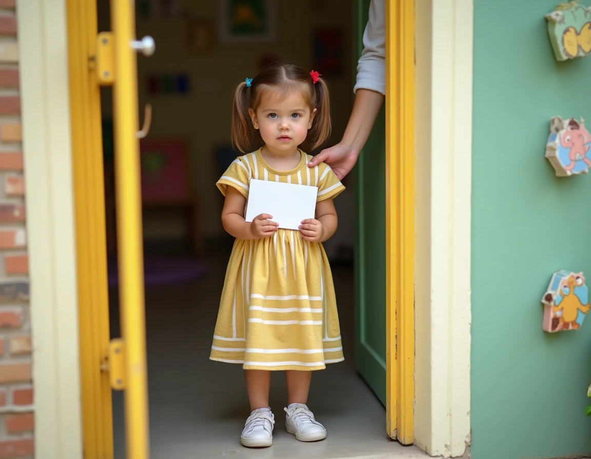 Petite fille à l'entrée de l'école maternelle tenant une enveloppe contenant un mot d'absence