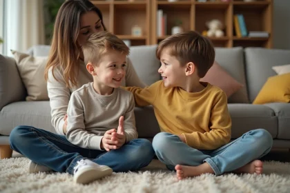 Garçon et sa mère discutant sur un tapis confortable