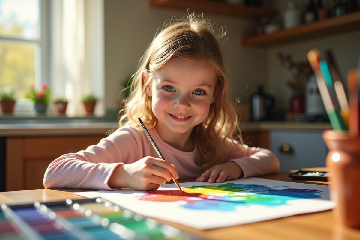 Enfant de 10 ans peignant une aquarelle dans la cuisine lumineuse
