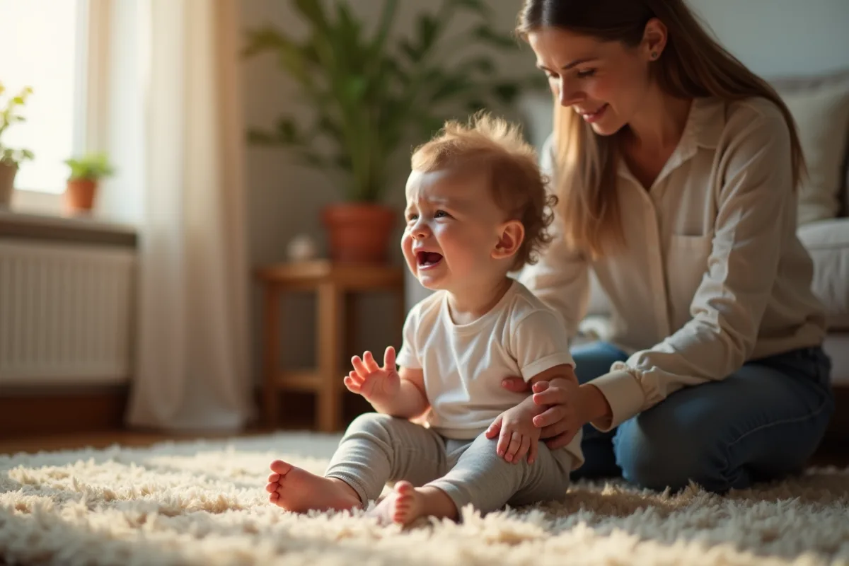 Un tout-petit pleurant dans un salon chaleureux avec sa mère