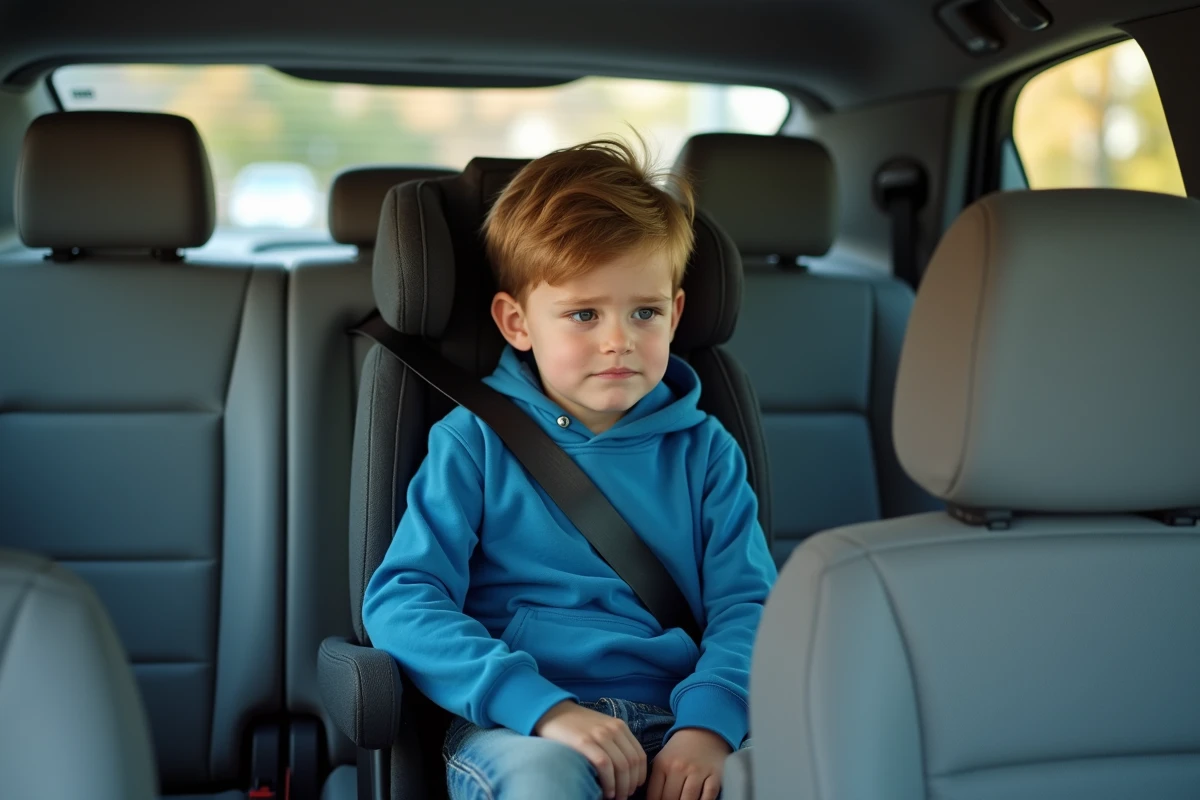 Enfant de 8 ans assis dans un réhausseur de voiture avec ceinture de sécurité mal positionnée au niveau du cou