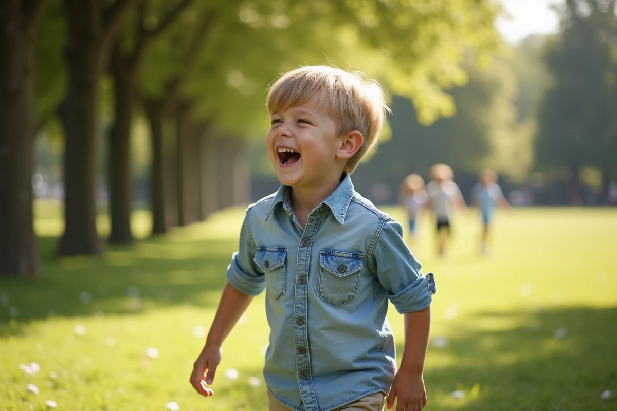 Garçon de dix ans riant dans un parc en famille