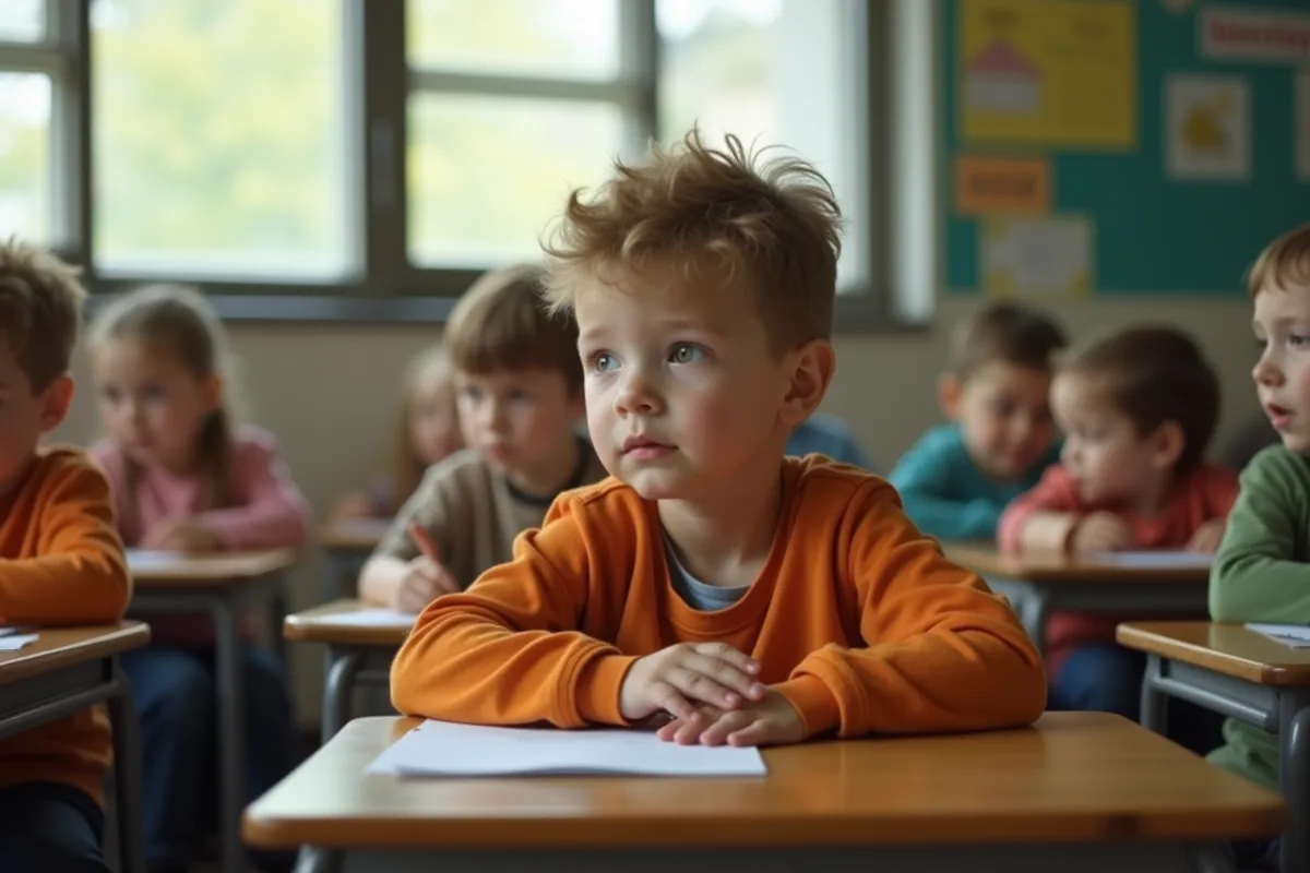 Enfant assis seul à l'école avec expression introspective