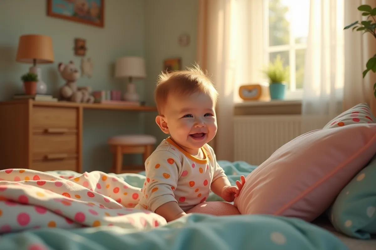 Jeune enfant réveillé heureux dans sa chambre colorée