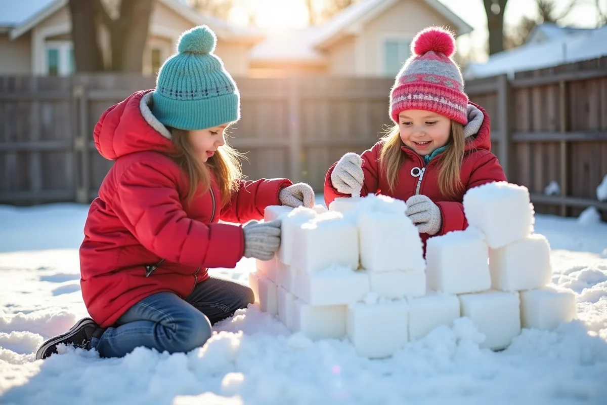 Deux enfants construisent un fort de neige dans un jardin ensoleille