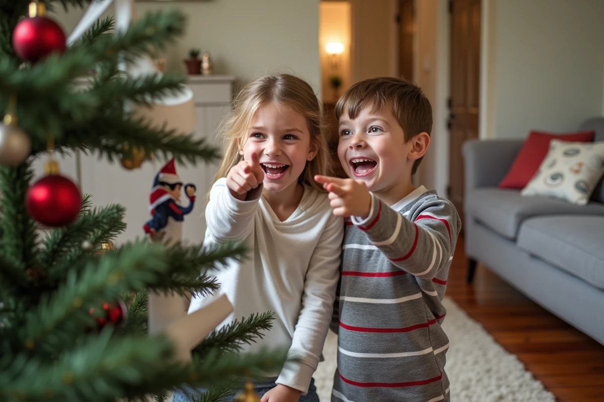 Deux enfants riant devant un lutin espiègle emmêlé dans du papier toilette autour d'un sapin de Noël, scène de week-end en famille recomposée