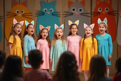 Enfants déguisés en chats sur scène lors d'un spectacle de fin d'année scolaire