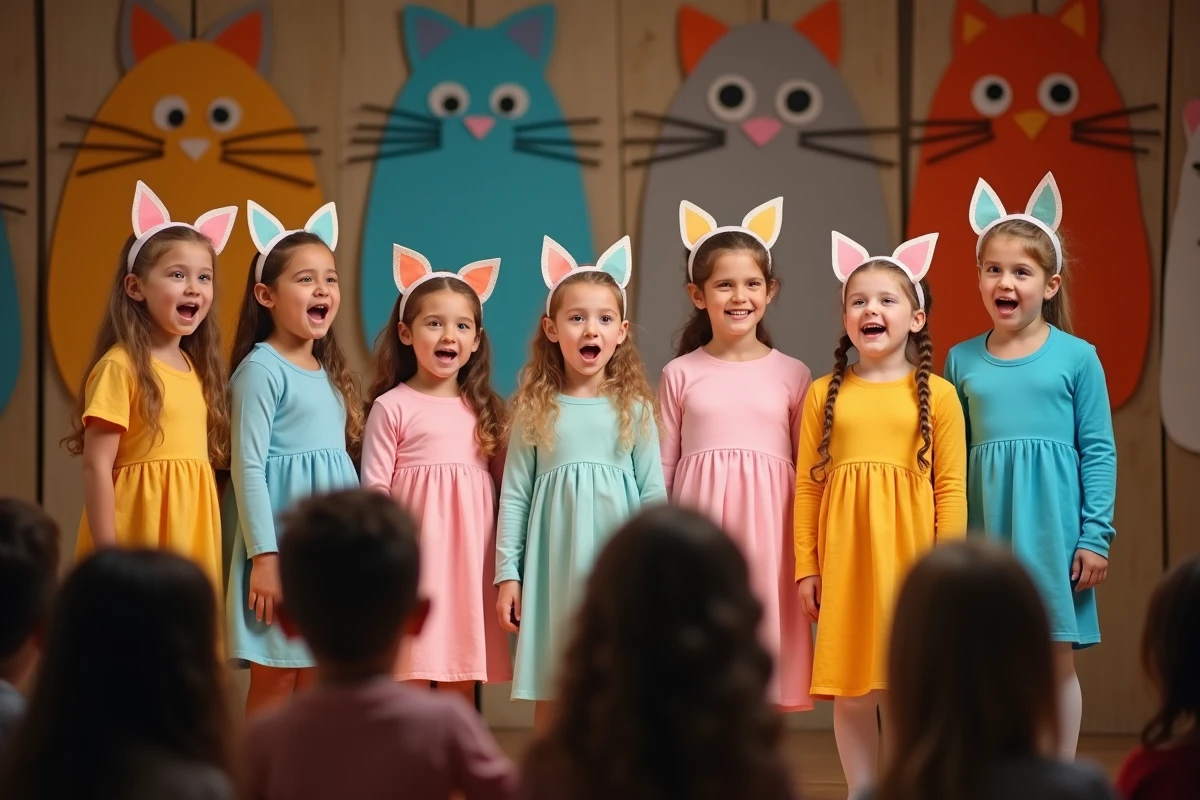 Enfants déguisés en chats sur scène lors d'un spectacle de fin d'année scolaire