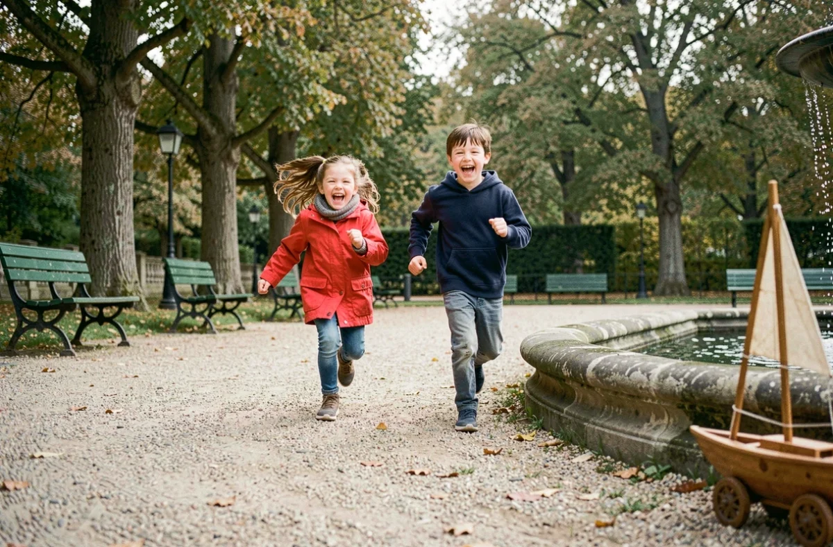 Enfants jouant avec des voiliers au jardin du Luxembourg à Paris