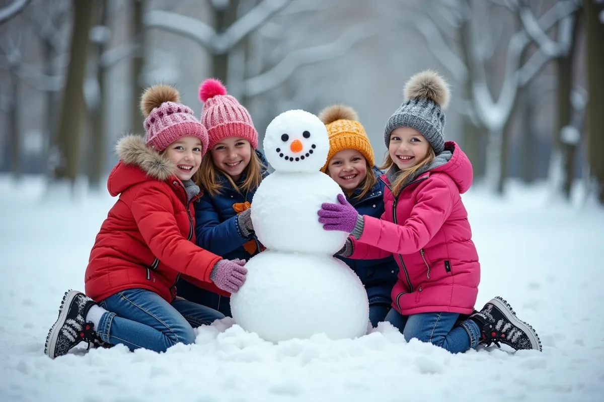 Enfants joyeux construisant un bonhomme de neige dans un parc enneige