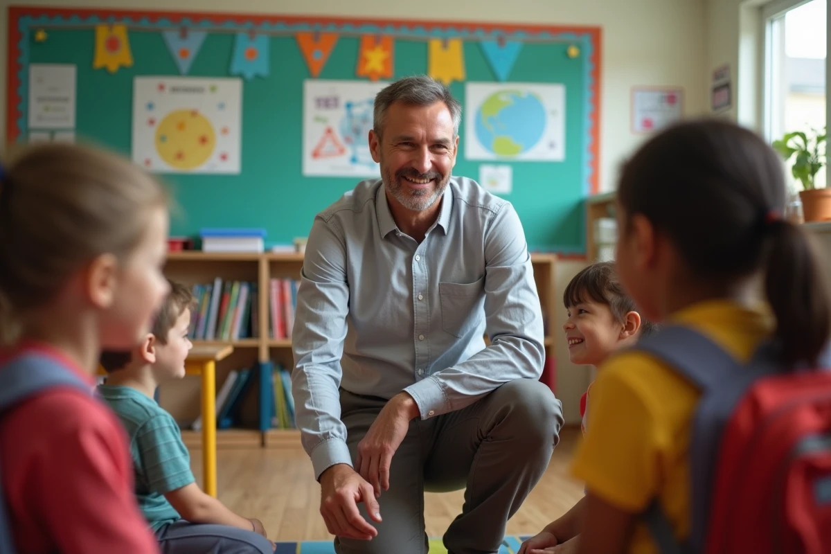 Enseignant avec des enfants dans une classe colorée