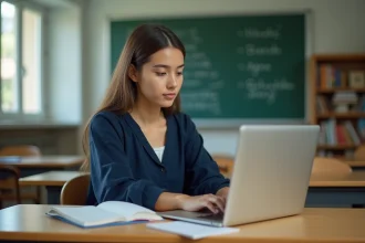 Enseignante analysant la plateforme MaFicheClasse sur son ordinateur portable dans une salle de classe française