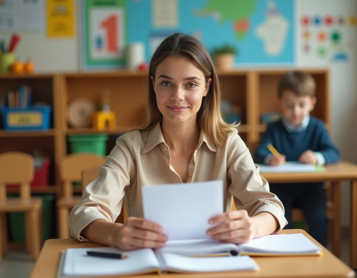 Enseignante de maternelle lisant un mot d'absence d'un élève dans la salle de classe
