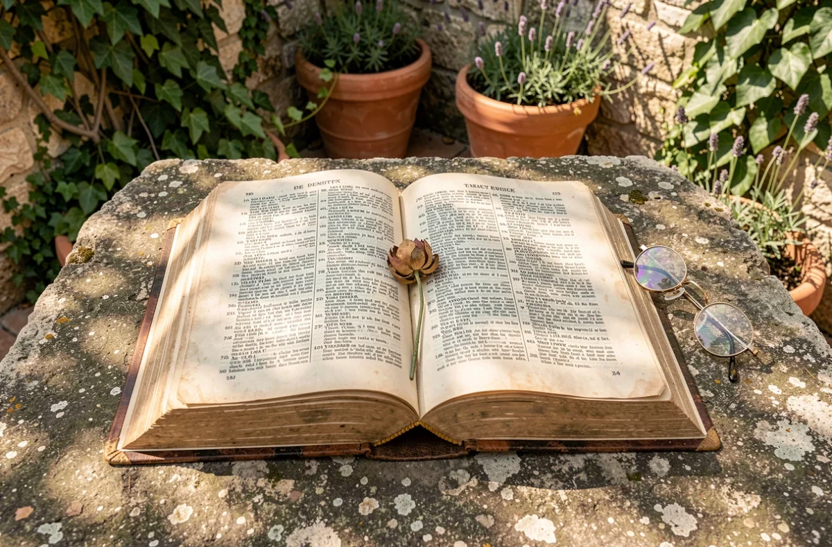 Vieux dictionnaire ouvert sur l'étymologie d'un prénom posé sur une table en pierre dans un jardin méditerranéen