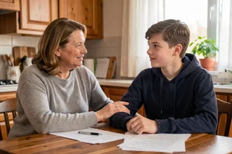 Femme adulte et adolescent assis à une table de cuisine, discutant calmement de documents liés à l'adoption simple