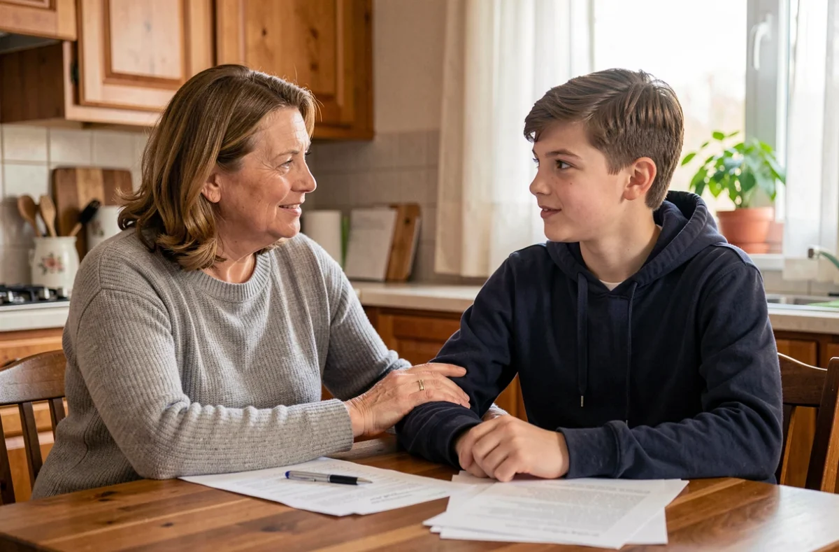 Femme adulte et adolescent assis à une table de cuisine, discutant calmement de documents liés à l'adoption simple