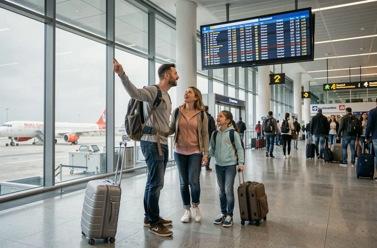 Famille avec bagages dans un terminal d'aéroport regardant le tableau des départs pour un voyage de dernière minute